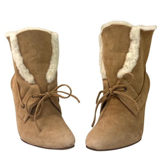 Manolo Blahnik Ostrava Camel Suede Shearling Ankle Boots Size IT 37 / US 7 - Picture 6 of 15